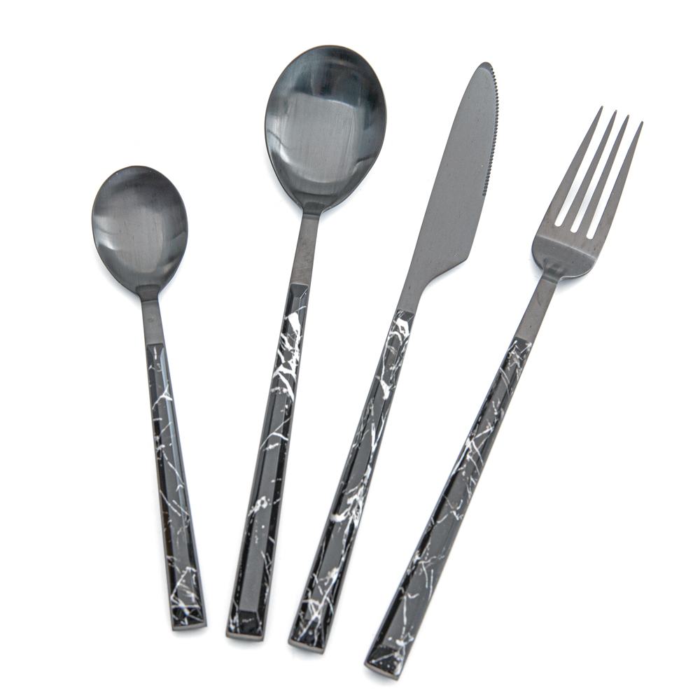 Stainless steel PVD black flatware cutlery set with marble plastic handle