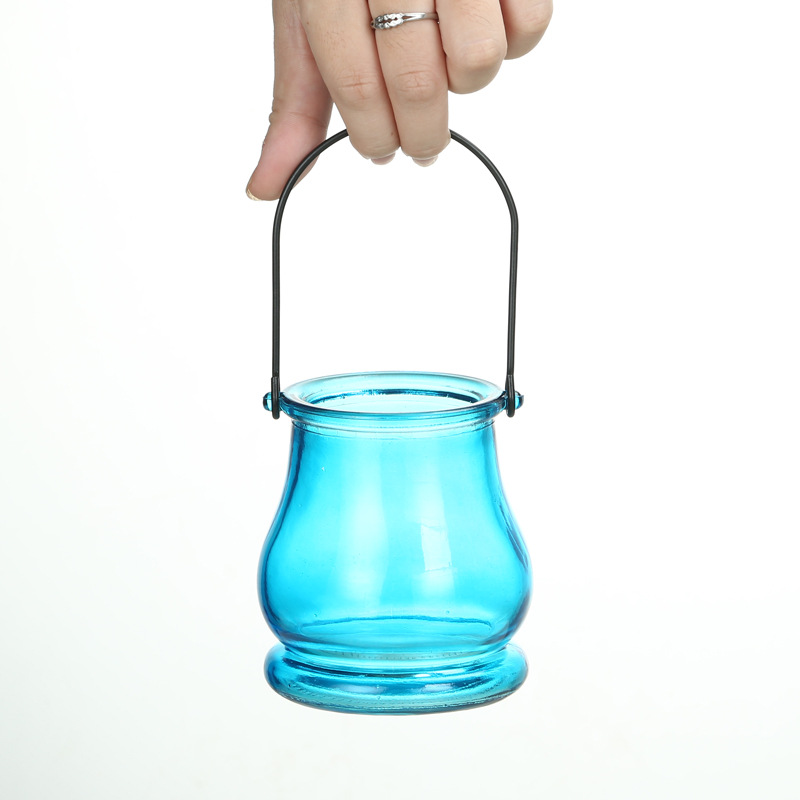 Creative glass double ear hanging bottle wire hanging candlestick glass hydroponics bottle decorative flower vase home ornaments