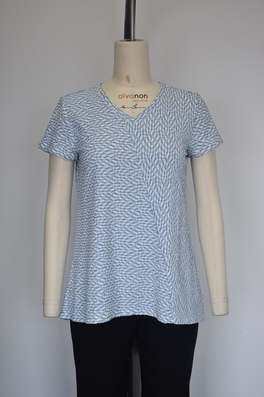 Knit 90%cotton 7%polyester 3%spandex Sky Blue/White Jacqard,v Neck3/4 Sleeve Top