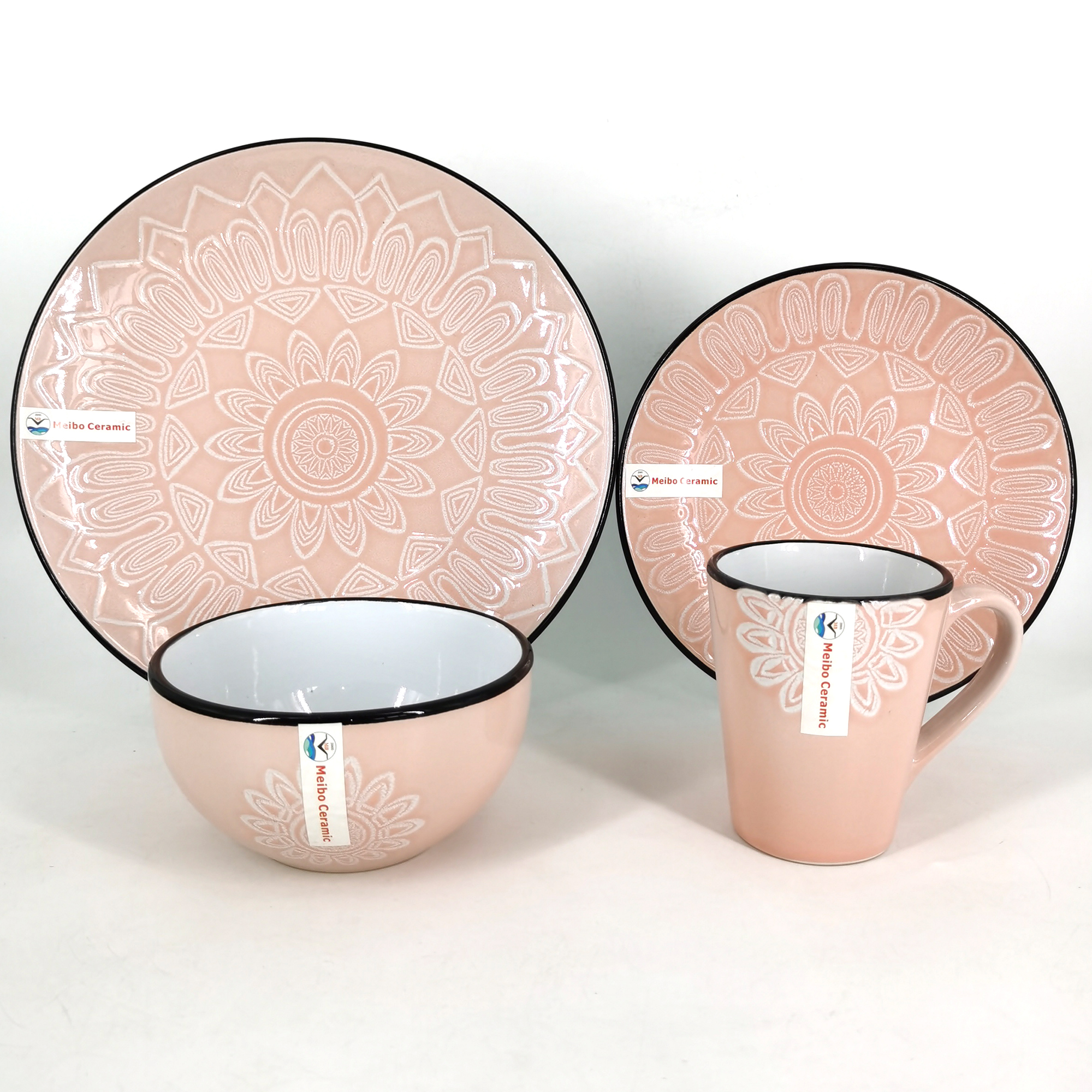 Pink stoneware embossed reactive 16pc dinner set
