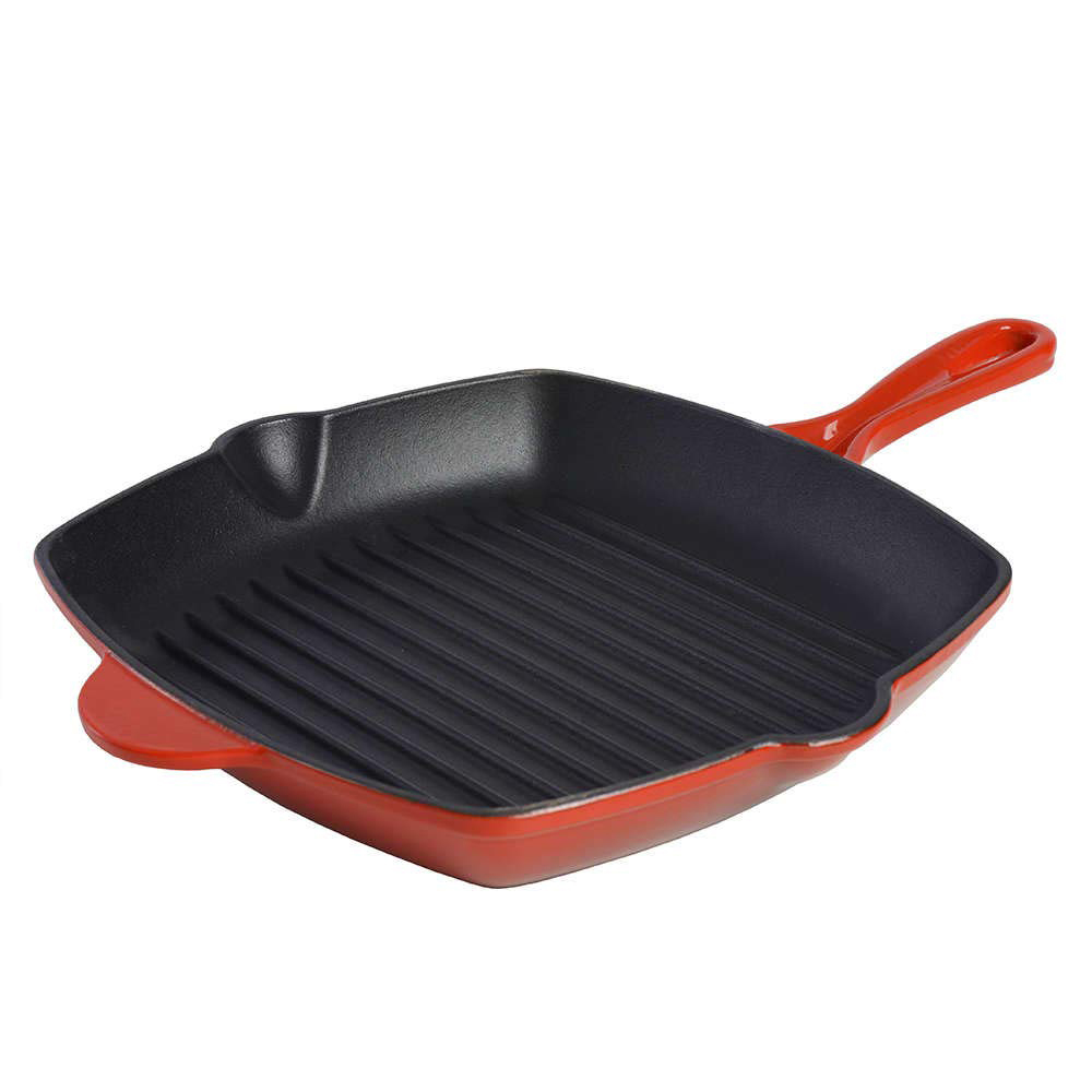 enamel Cast Iron Griddle Pan - 26cm - Red - Grill Pan with Ridged Cooking Surface