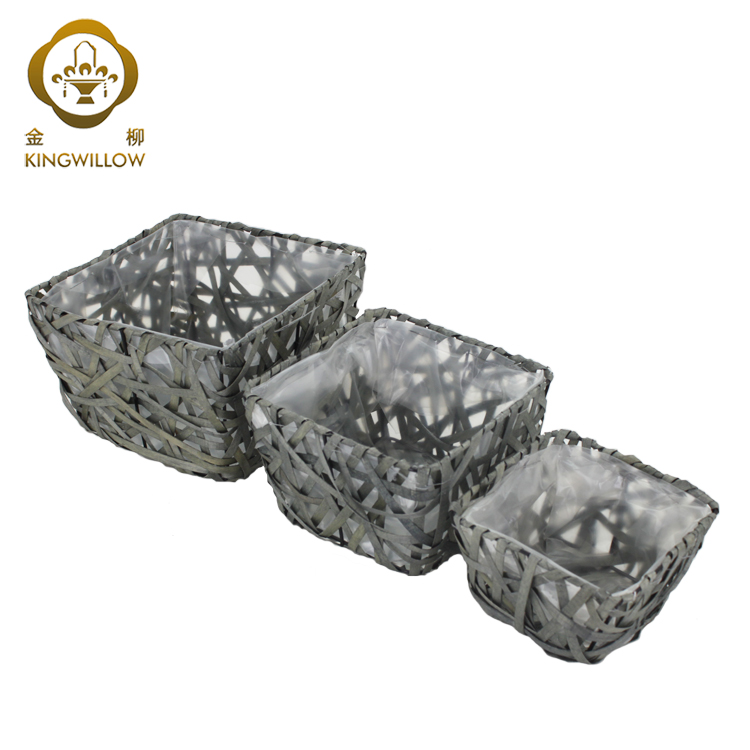 Kingwillow hot sale wood chip flower pots woodchip flower basket home garden decoration basket with plastic liner