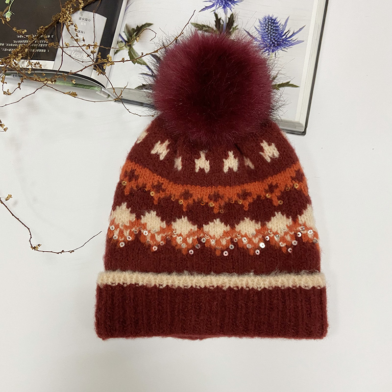 Ladies Supersoft Jacquard Knit Beanie Topped With Faux Fur Pom Pom And Sequins