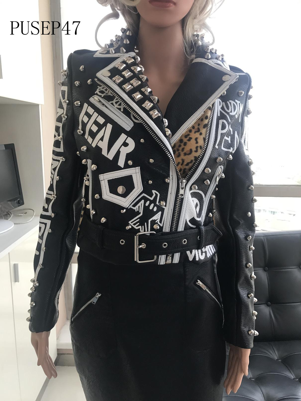 Ladies Print Embroider With Studs Pu Jacket