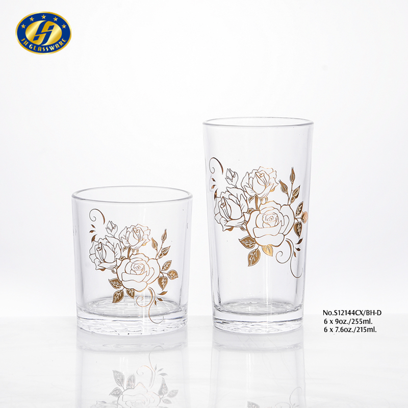 8oz+9oz 12pcs Bamboo Bottom Glass Tumbler With Golden Decal Set