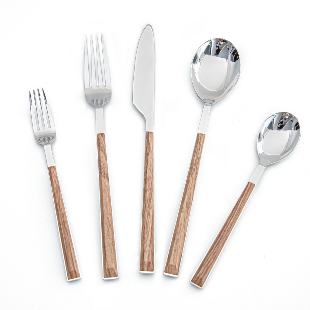 Stainless steel cutlery set with wooden plastic handle