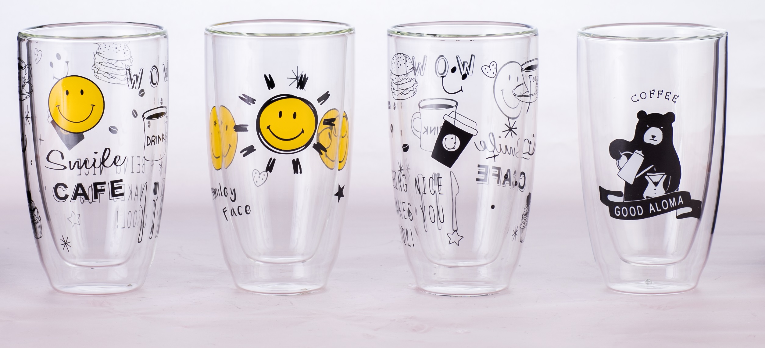 Classical Shape Mouth Blown High Borosilicate 300ml Double wall glass coffee mugs for home using with smile decal Dishwasher Safe