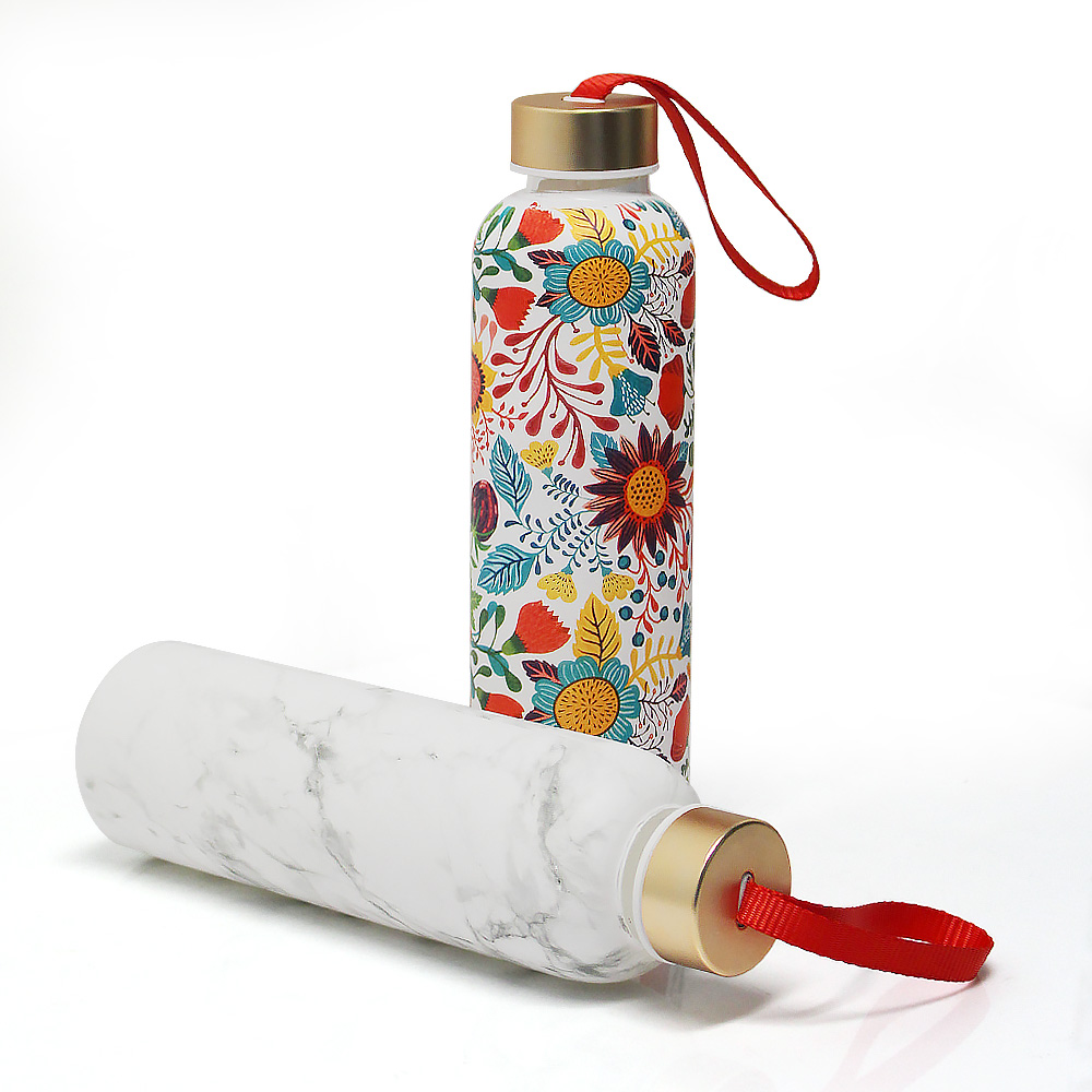Fashion water transfer handle water bottle with marble and flower design