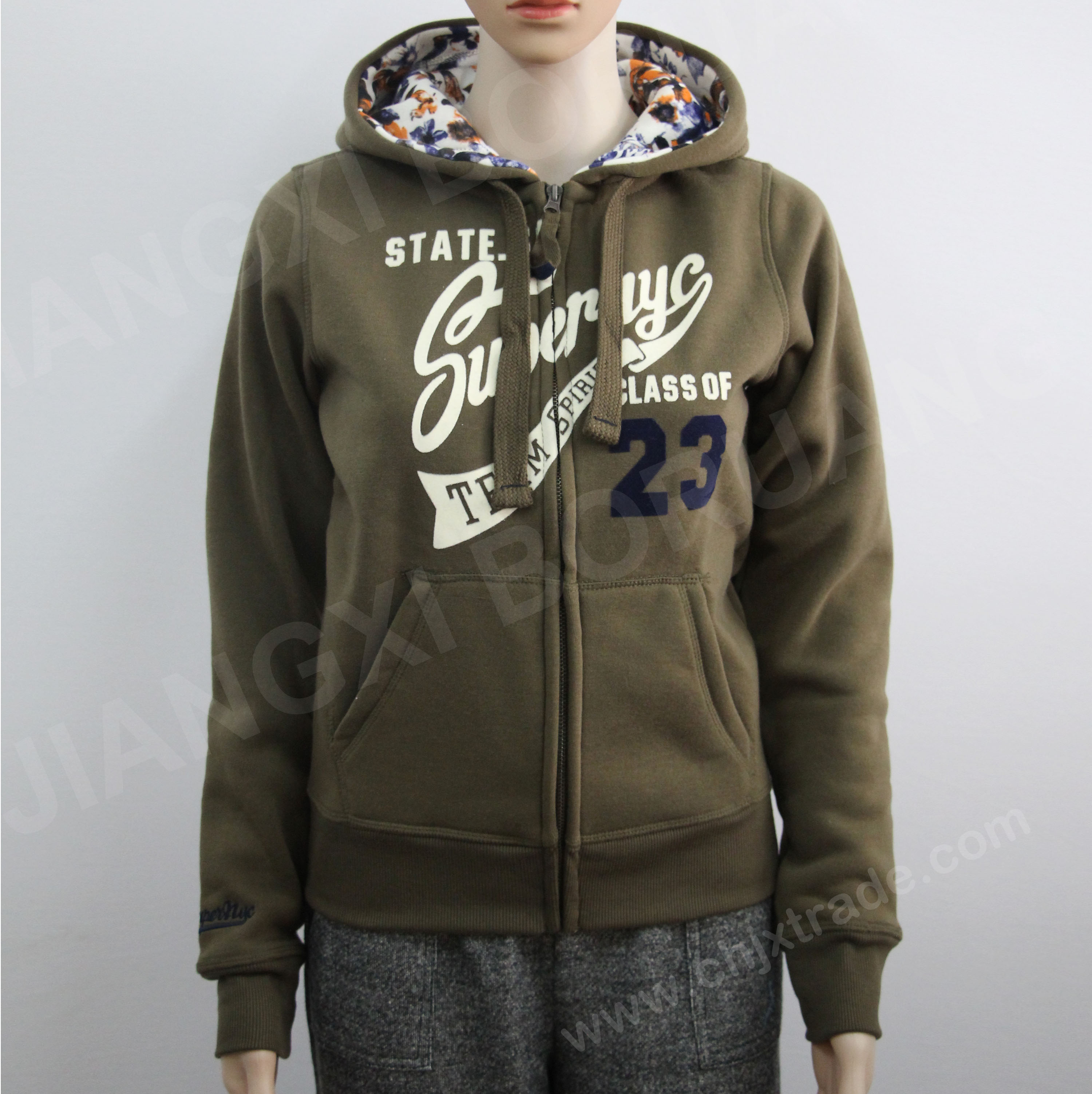 Womens 100%polyester Hood And Zip Fleece Jacket With Flock Print