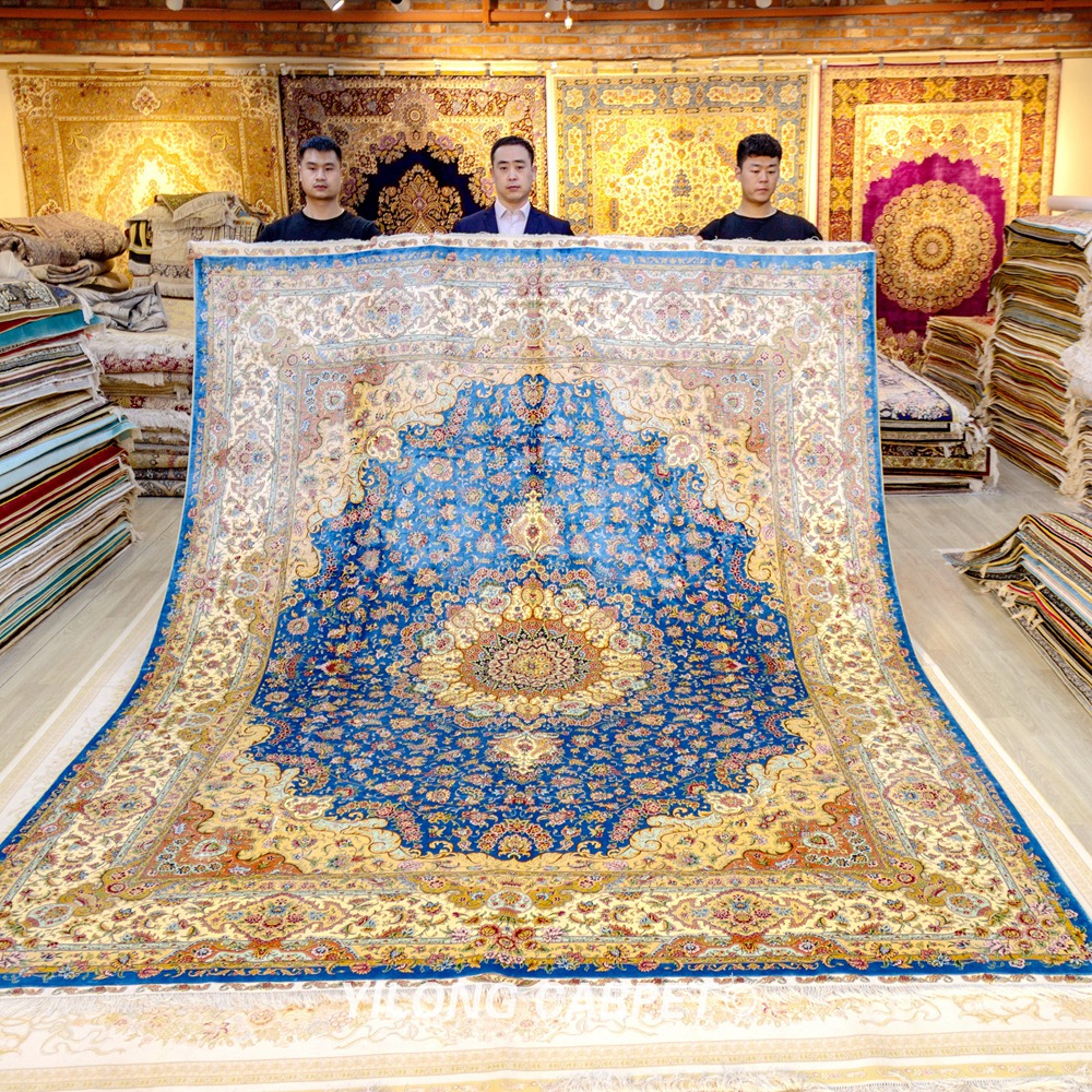 Yilong 9'x12' Extra large Blue floral handmade hand knotted qom persian silk rug