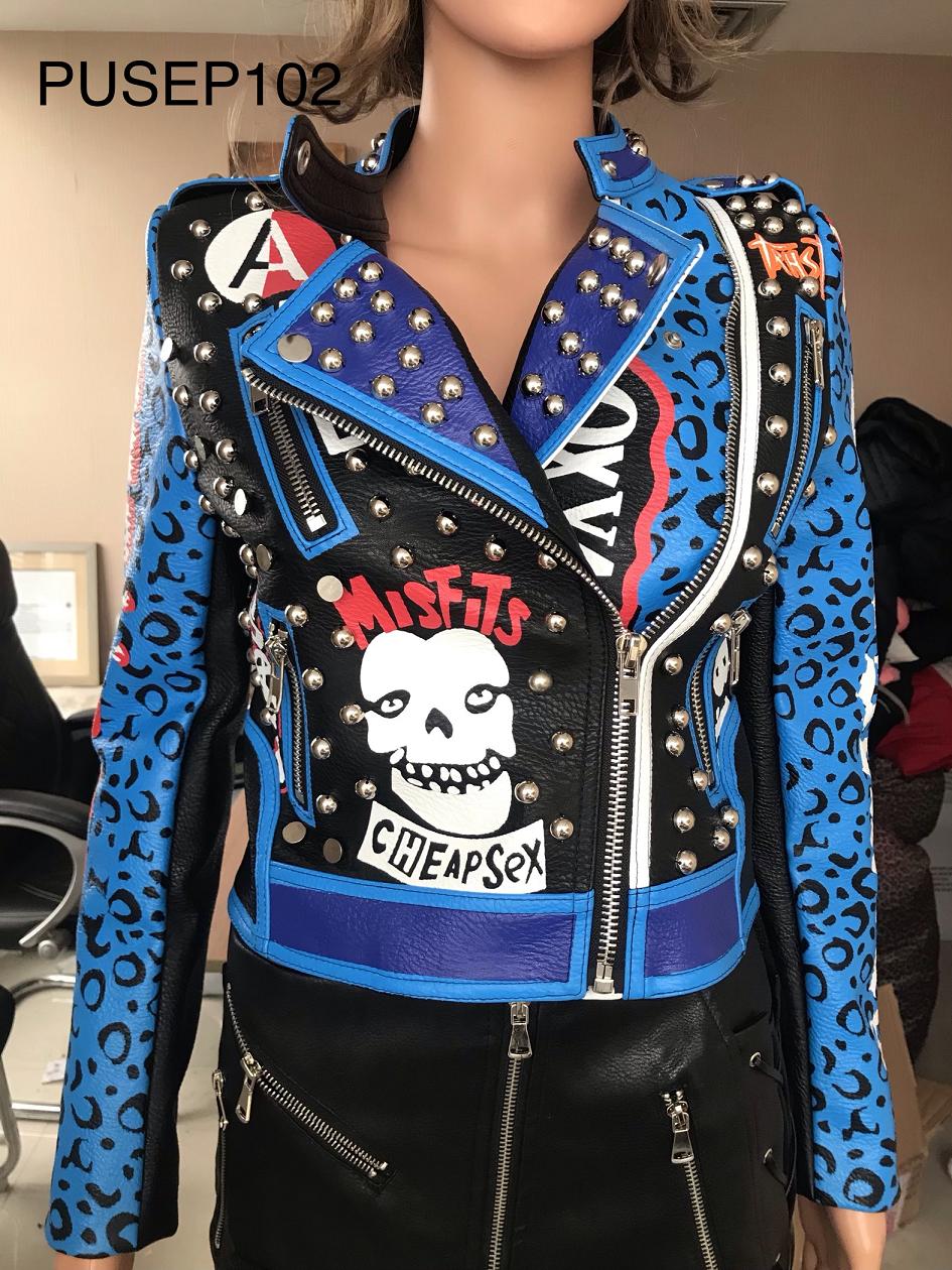 Ladies Prin Embroider With Studs Fashion Pu Jacket