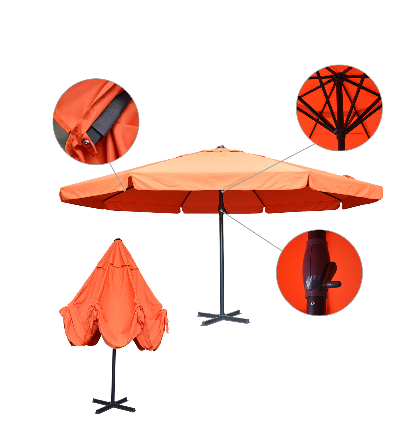 Alu.Deluxe Hand Cranked round Umbrella(with flap) telescoping ribs