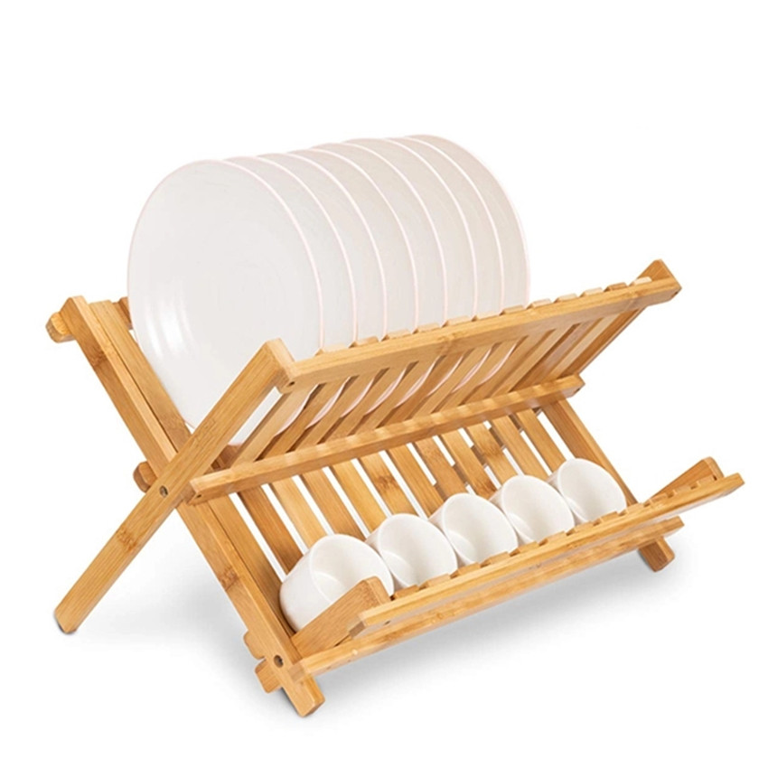 Bamboo Folding Dish Drying Kitchen Rack Collapsible Cup Holder 2 tier