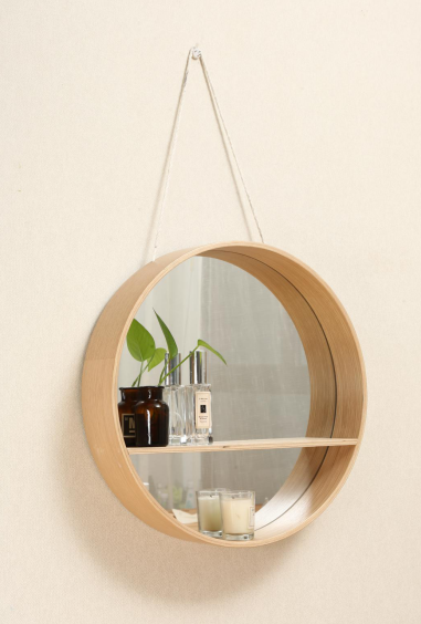 Floating Hanging Display Unit Rack Home Decor Storage wood round wall shelf with mirror