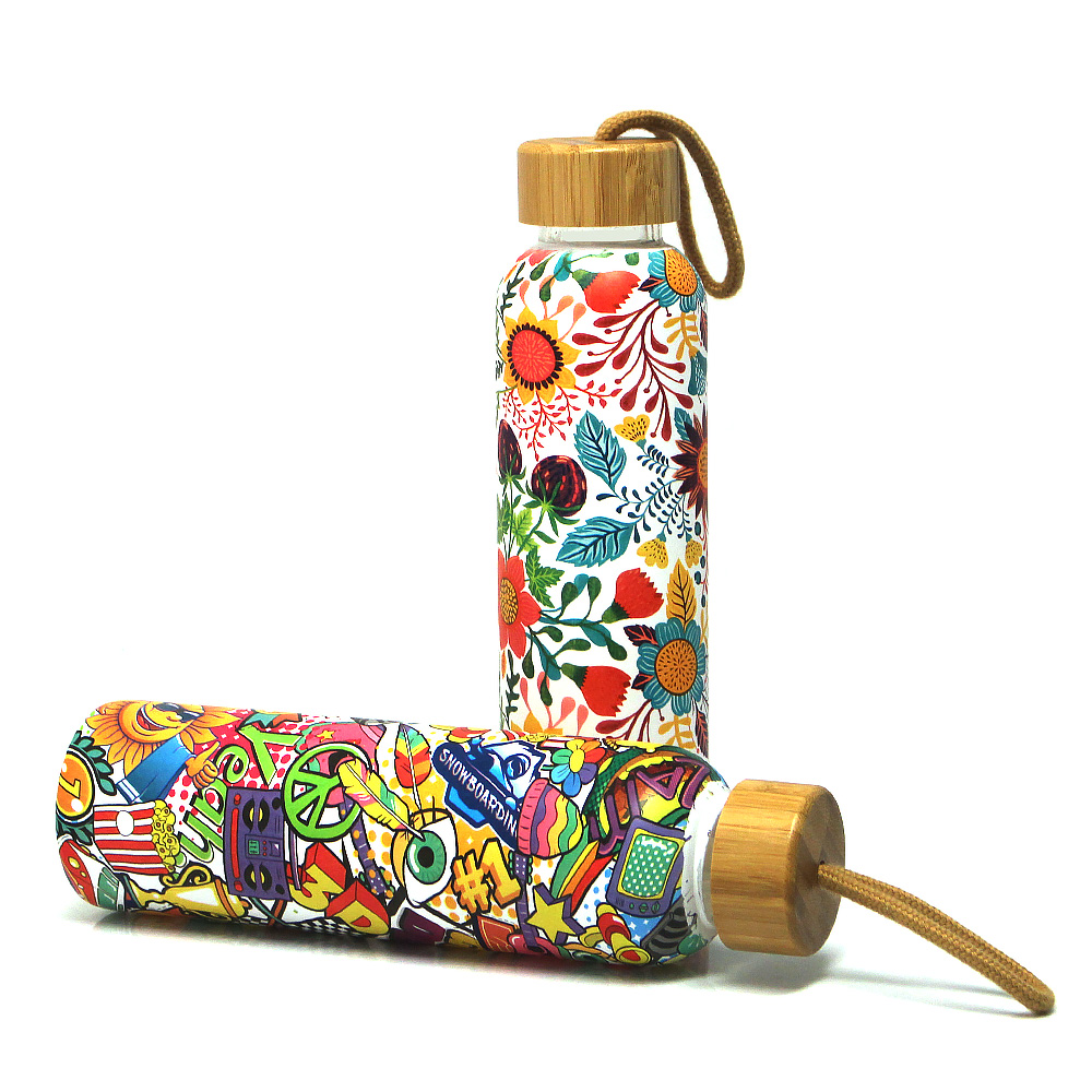 Full pattern design water bottle with bamboo lid
