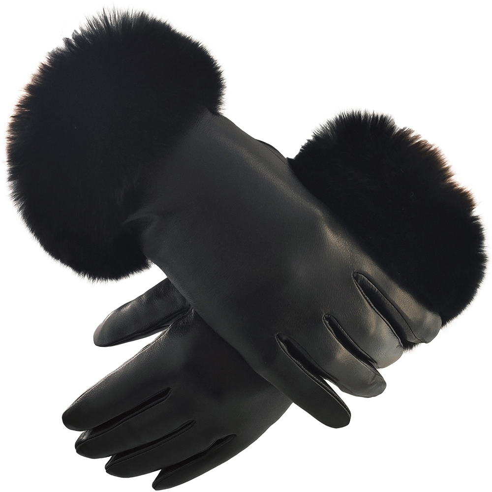 Custom womens luxury winter warm Real rabbit fur cuff sheepskin leather gloves