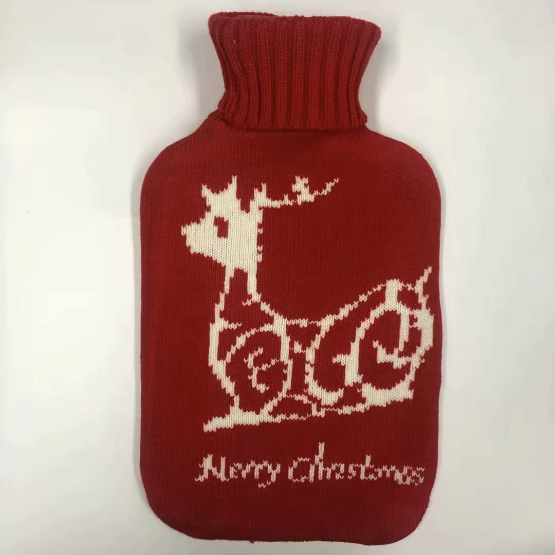 Rubber hot water bottle with knitted cover