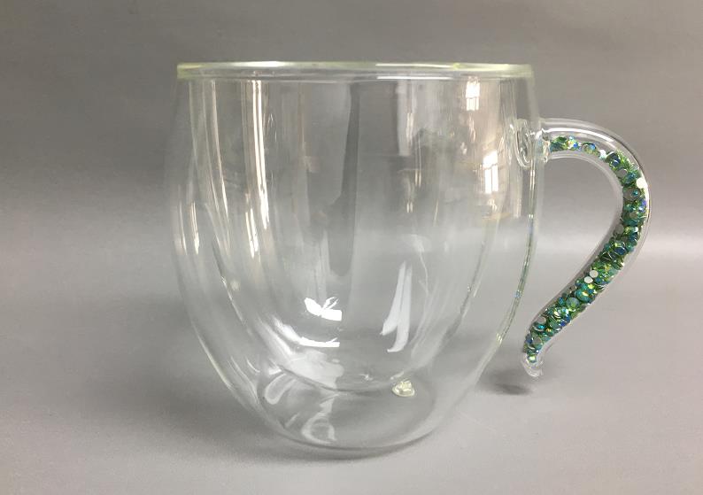 New Design Hand Made High Borosilicate Double wall glass cup for home decor with filling stone in handle