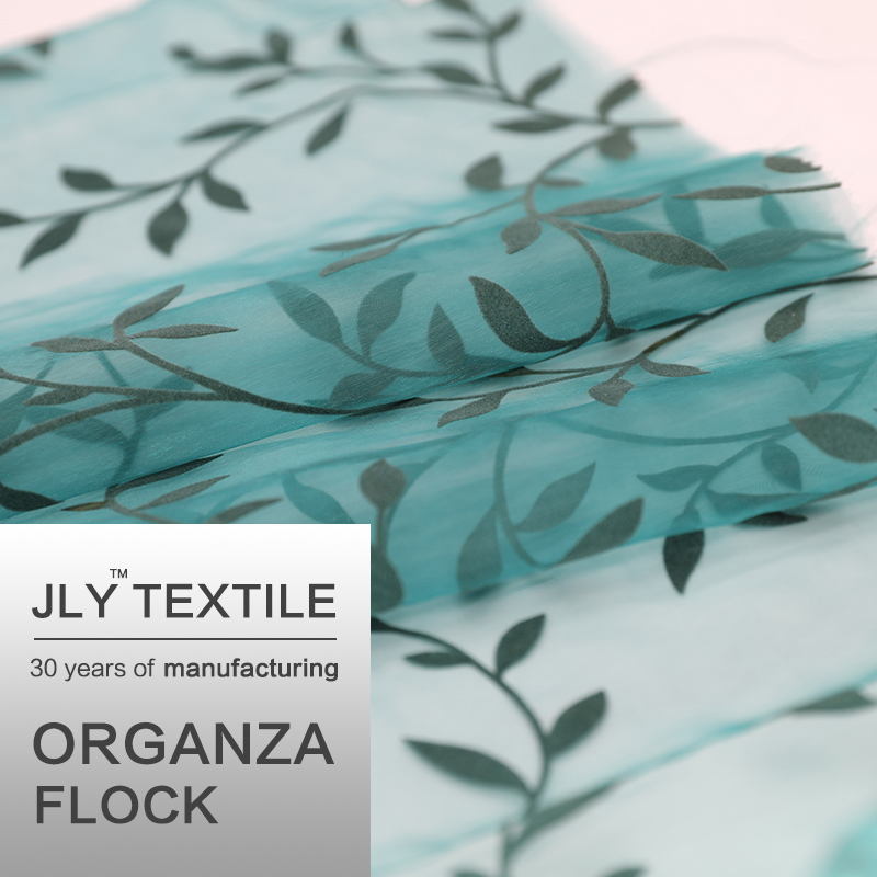 JLY Organza Fabric, Vine Pattern Flock Blue For Wedding Party Gift Decorations