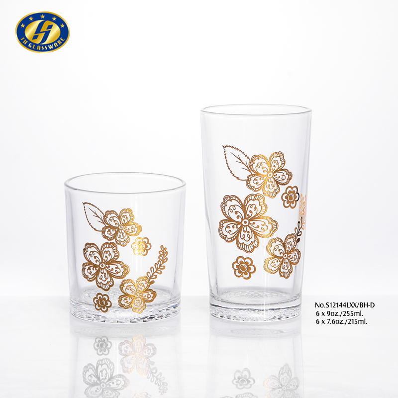 8oz+9oz 12pcs Flower Bottom Glass Tumbler With Golden Decal Set