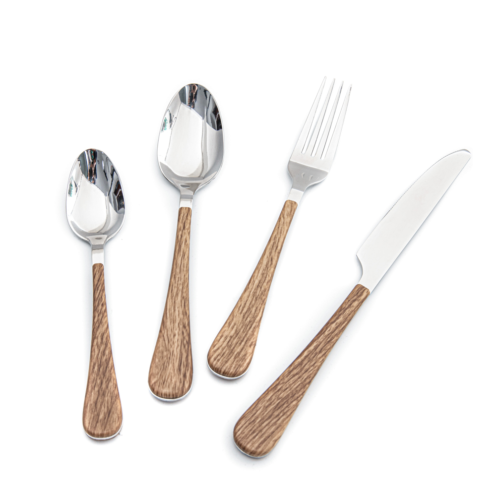 Stainless steel cutlery set with wooden plastic handle