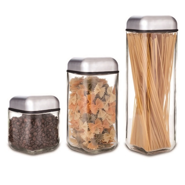 Soft Cuboid Streamlined Food Storage Container 3pc Set, Square Shape Glass Storage Jar Set