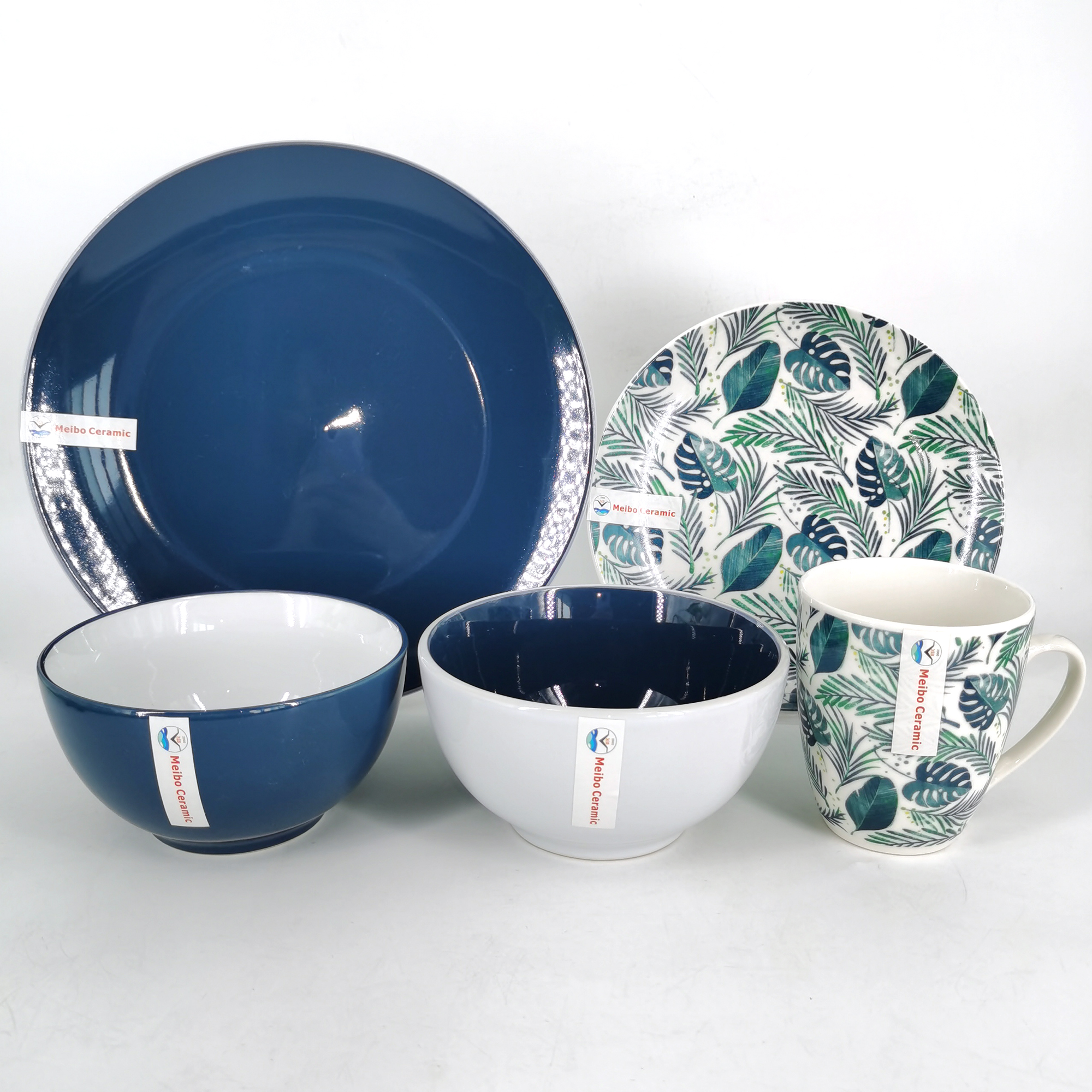 2020 16pcs two tone color glazed and stamp decal stoneware dinnerware for houseware