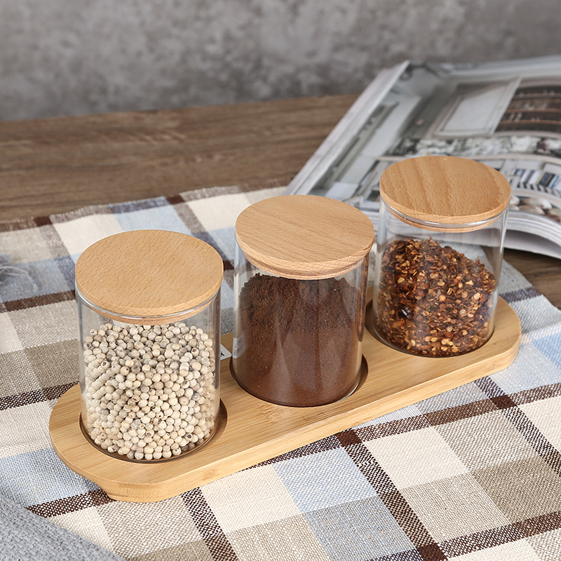 glass seasoning pot with bamboo tray
