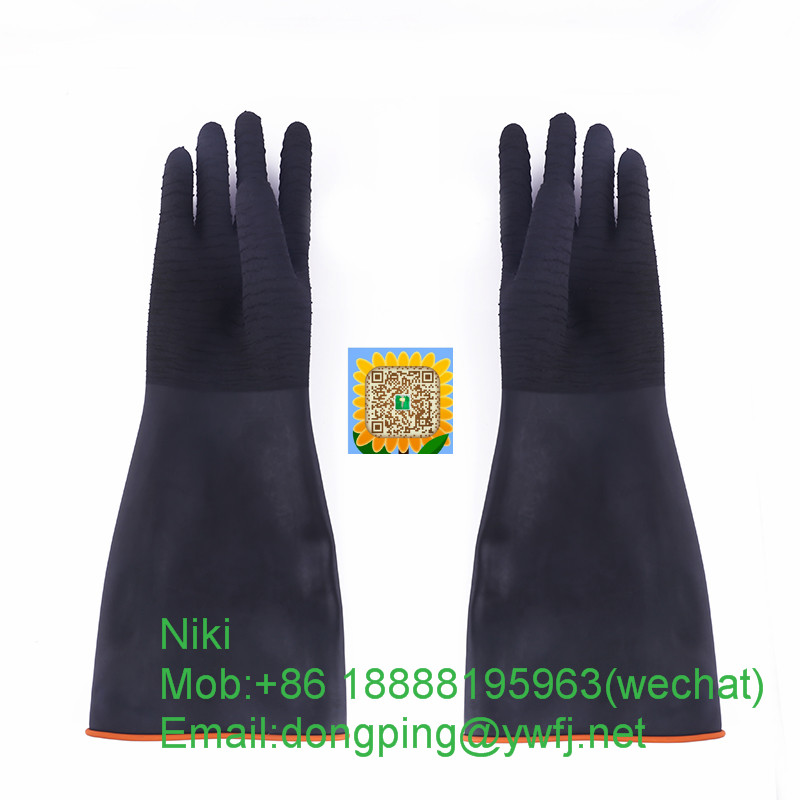 black working industrial acid and alkali resistant rubber glovess with wrinkle palm