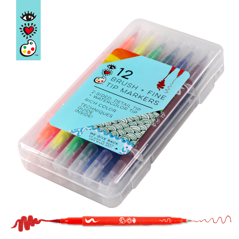 Set of 12 portable box packed dual fine and lettering brush pen