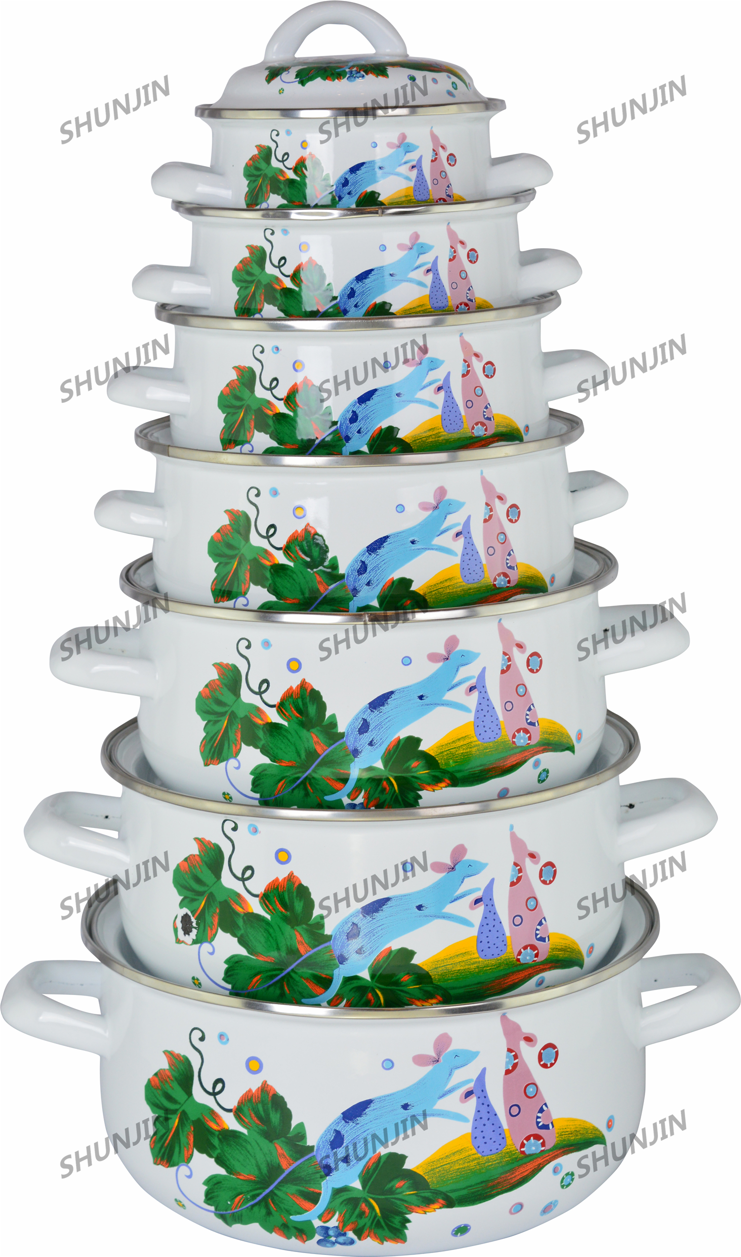 7 pcs enamel casserole belly shape with hollow handle & black bottom deco