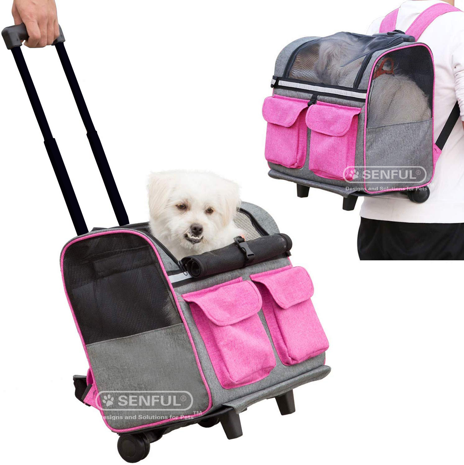 Roller Backpack, Travel Carrier, Car Seat for Cats/Dogs, Mesh Ventilation, Included Tether, Telescoping Handle, Storage Pouch