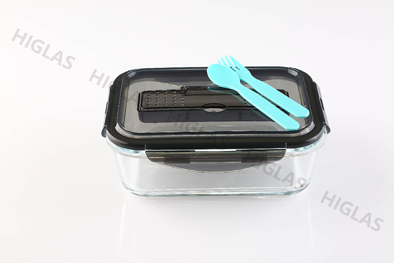 1.0l/1.5l Rect.borosilicate Glass Food Container With Pp Lid With Pp Fork&spoon