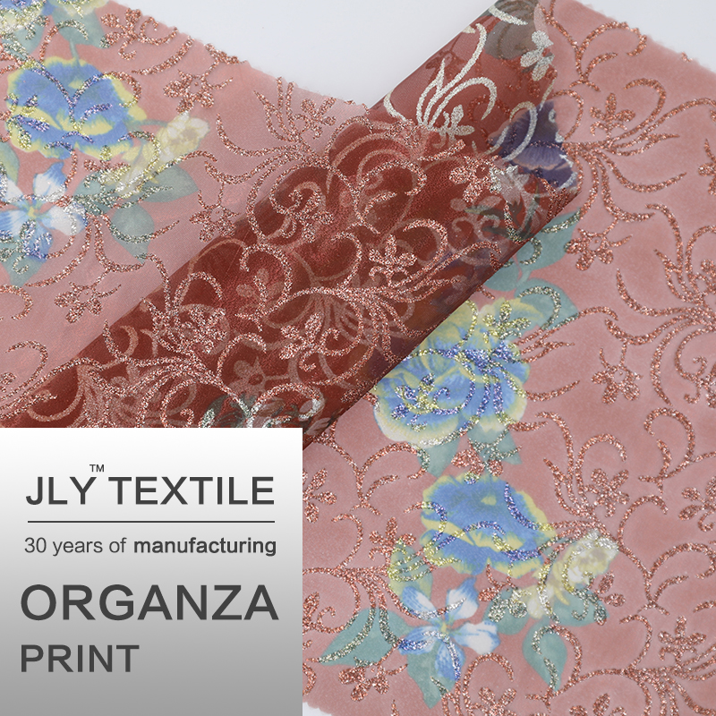 JLY Organza Fabric, Flower Pattern Print Brown For Wedding Party Gift Decorations