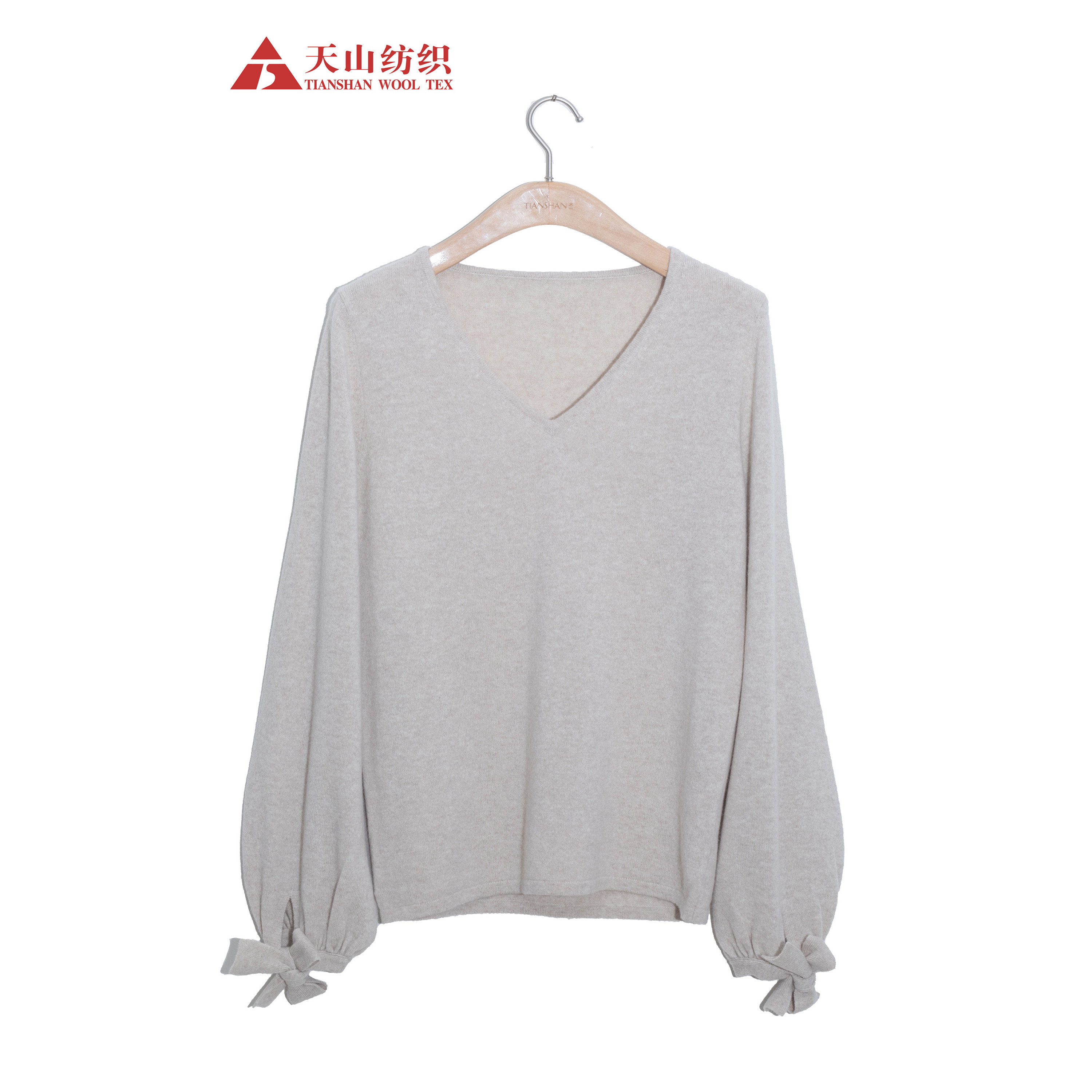 100% Cashmere Ladies’ V-neckline Sweater With Puff Sleeves