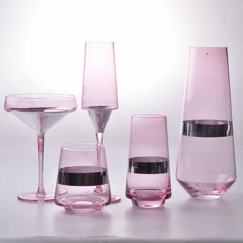 New design pink glass wine set, color glass water cup