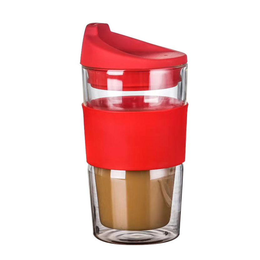 330ml Double-Wall High Borosilicate Glass Coffee Cup with Silicone Cap and Hoop