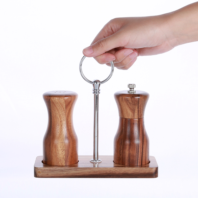 rubberwood/acacia pepper mill set with tray（ceramic grinder+aluminum stick）