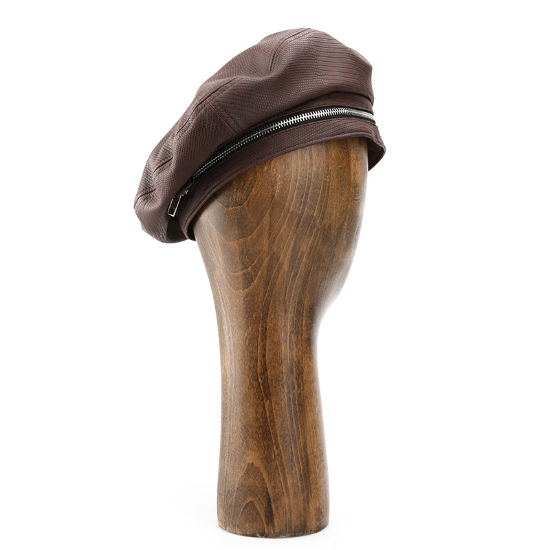 Solid Dark Brown Color Beret Hat with zipper