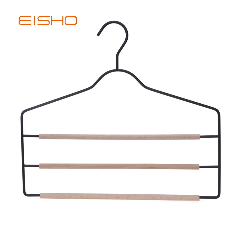 Three layers metal pants hanger with wooden bar