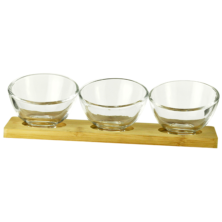 serving set,set of 4PCS,3 glass bowls,1 bamboo tray
