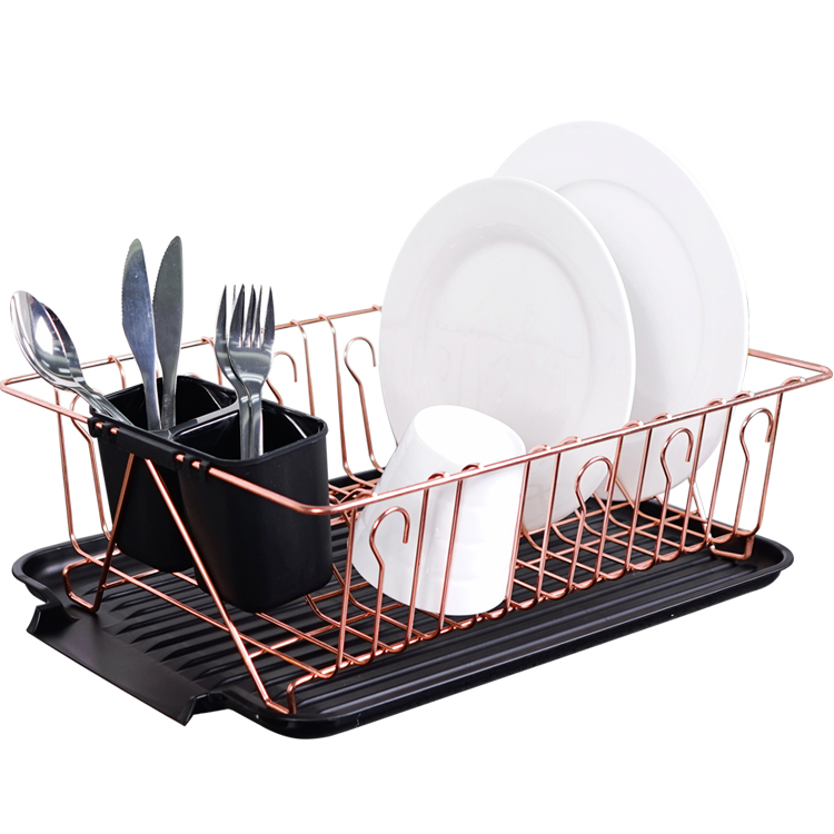 Black Retangular Kitchen Plate Drainer Dish Drying Wire Rack with Removable Plastic Cutlery Holder & Tray