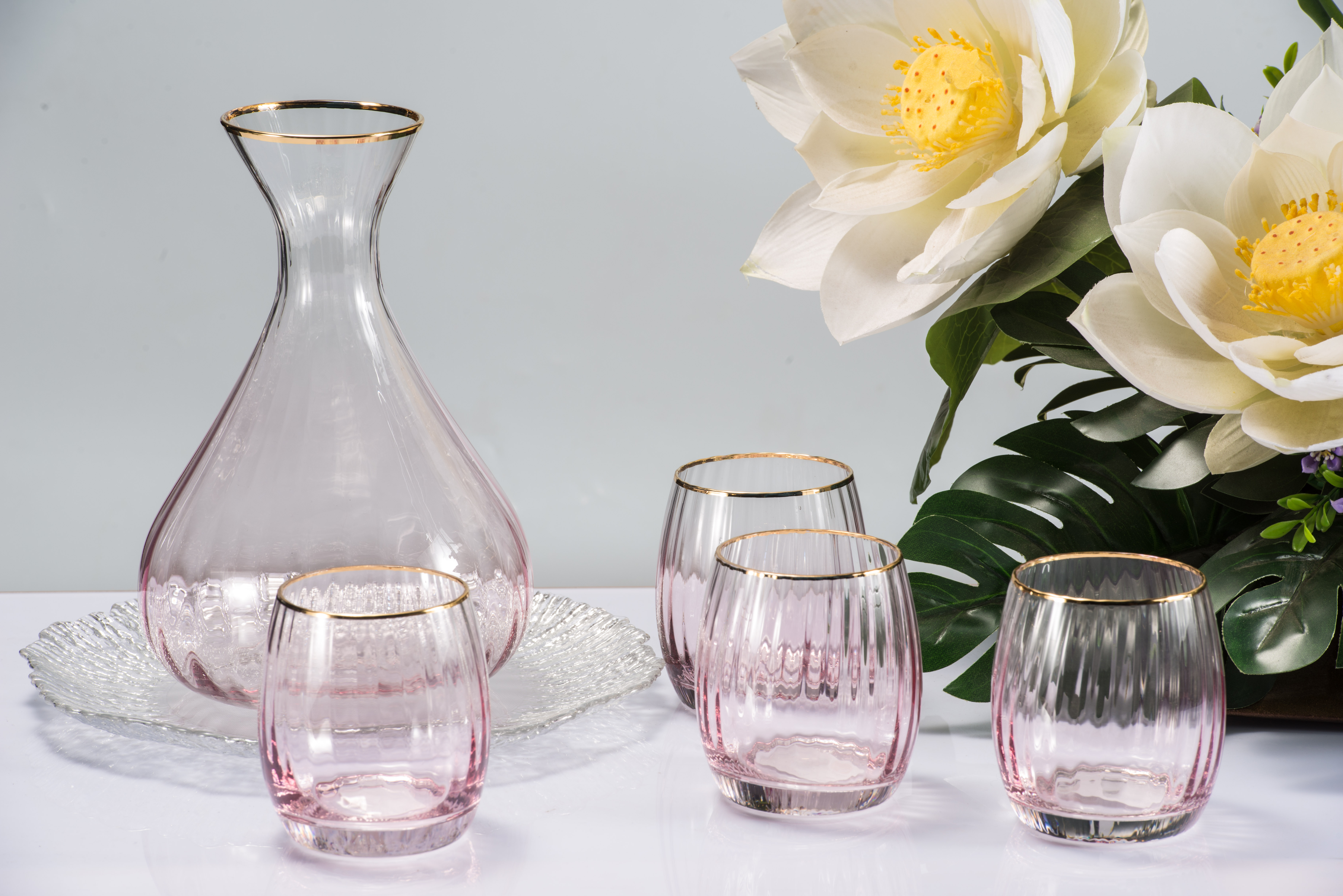 Ribbed Pink Glasses with Gold Rim