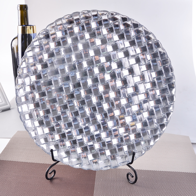 Silver woven pattern glass plate, fruit glass charger plate, cushion plate