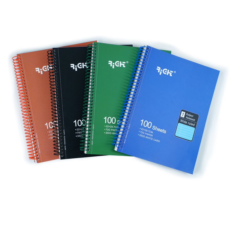 Card cover colored plastic spiral notebook with perforated line and holes