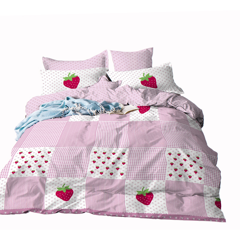180TC polycotton with a strawberry print and a strip print fabric for bedding
