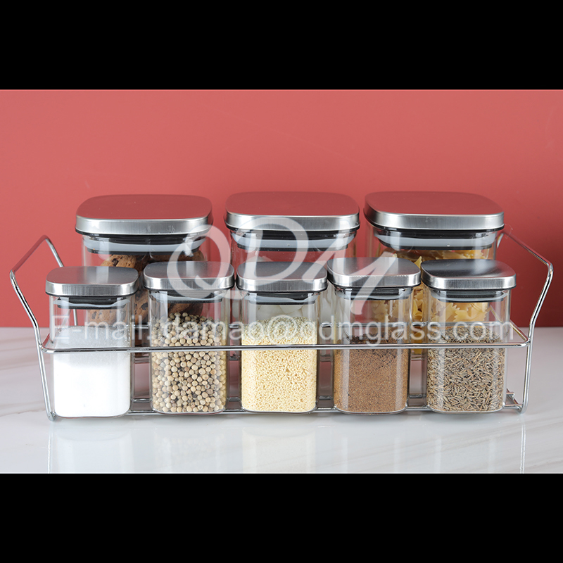 Set of 8pcs square borosilicate glass storage jar with metal lid and metal stand