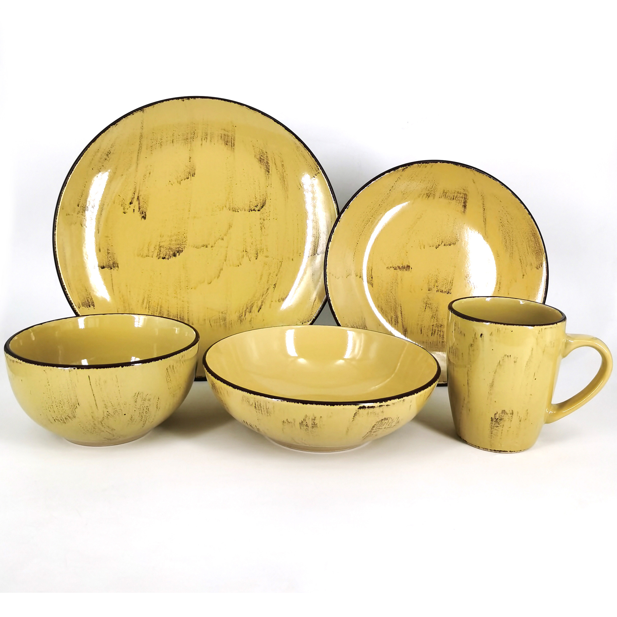 stoneware solid color glazed yellow 16pcs dinner set with hand brush