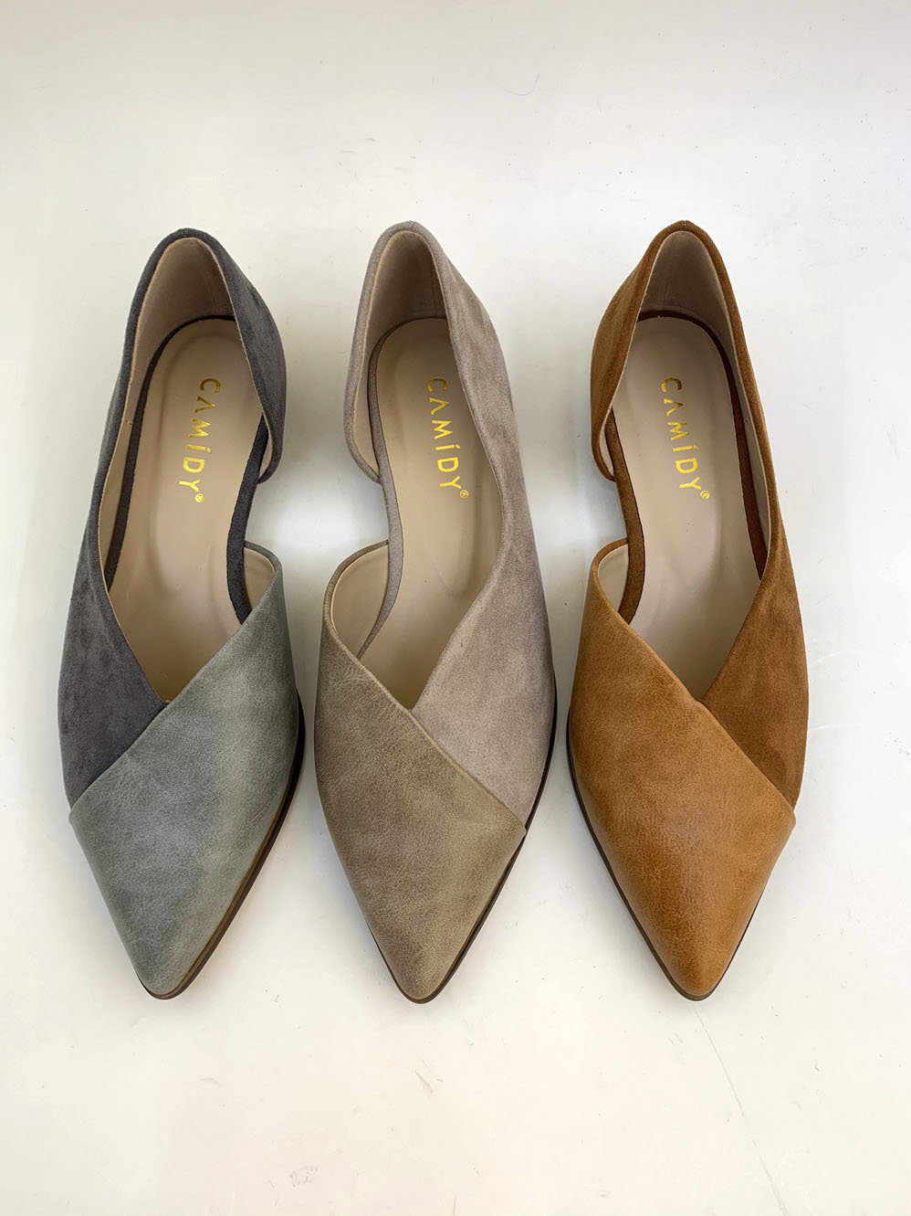 CAMIDY Women's shoes comfortable pointed-toe flat shallow low-heeled PU shoes