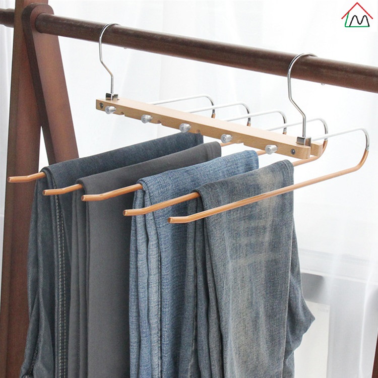 Solid wooden and PVC coated non-slip metal magic storage pants hanger